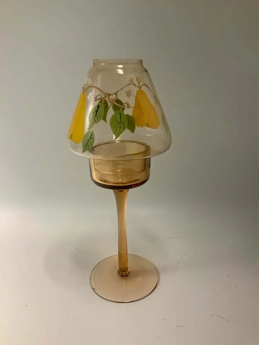 Amber Glass Pedestal Votive Candle Holder with Hand-Painted Pear
